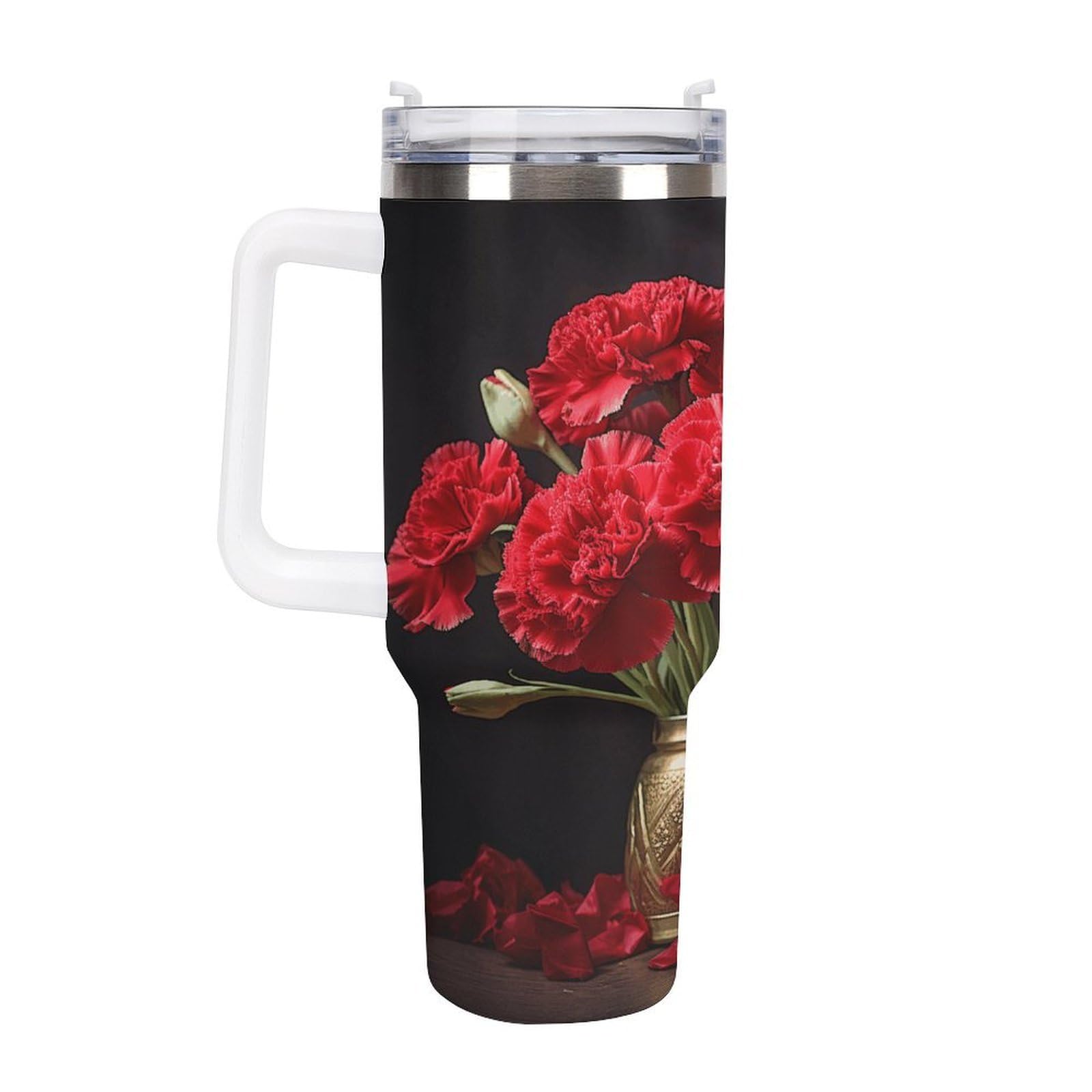 Romantische Nelkenbecher mit Strohhalm und Griff, doppelwandige Vakuumisolierung, Wasserflaschen für Eiskaffee, Tee, heiße und kalte Getränke