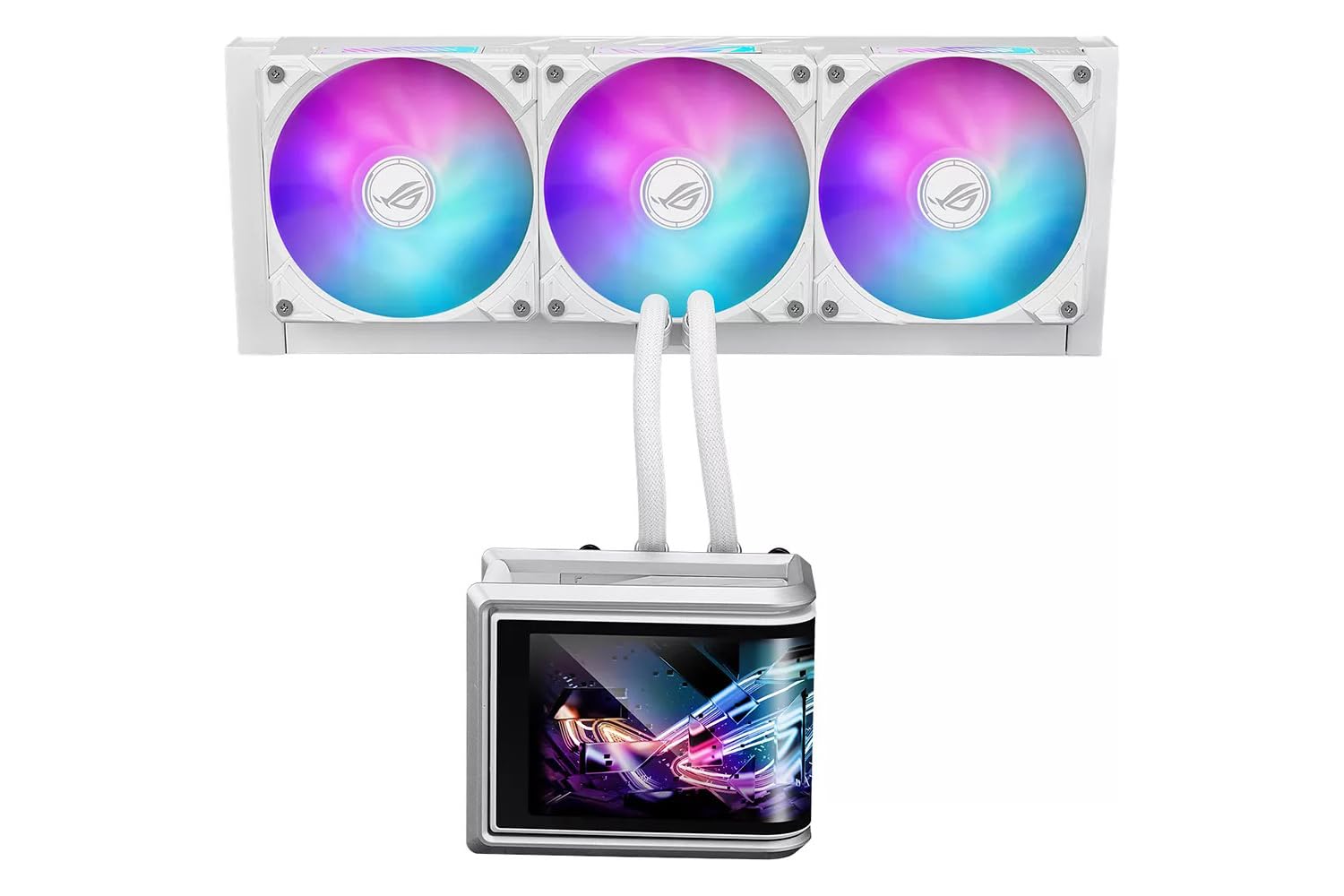 ASUS ROG RYUO IV SLC 360 ARGB - Enfriador líquido de CPU Todo en Uno (pantalla AMOLED curva de 6,67" para videos 3D, ventiladores ARGB premontados, potente bomba térmica, pasta térmica) (blanco)
