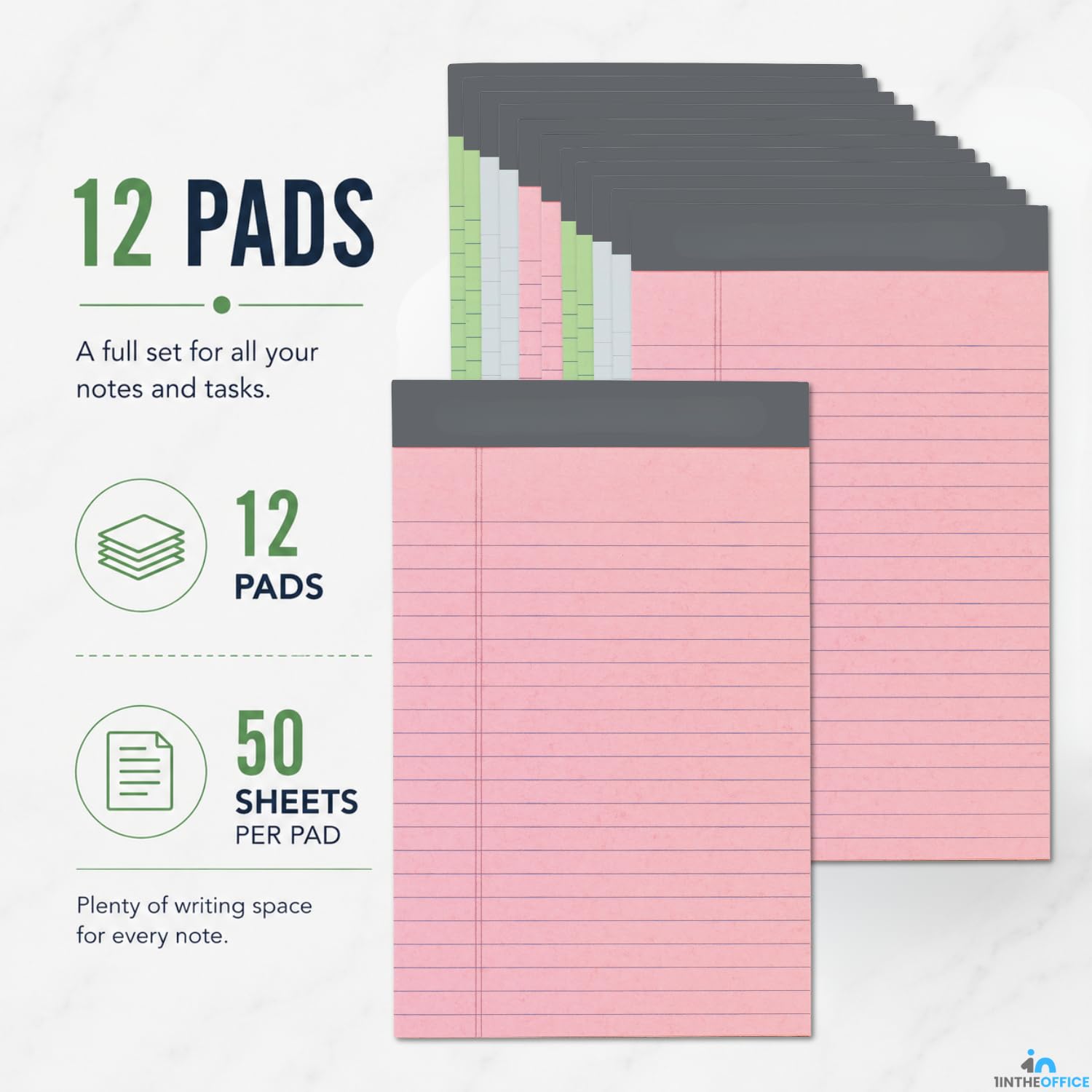 1InTheOffice Legal Jr Legal Pads 5 x 8, almohadillas legales de colores, blocs de notas legales pequeños, bloc de notas con rayas estrechas, blanco, 50 hojas/bloc (12 por paquete)