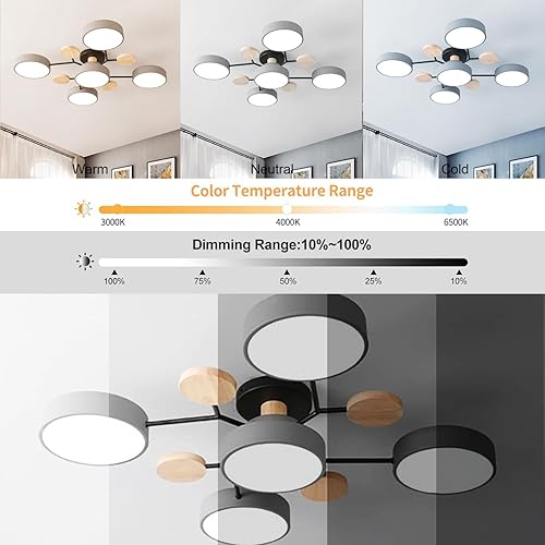 Vista 129 de Lámpara LED de techo, 34 pulgadas, 7 luces, moderna lámpara de techo empotrada de madera de 56 W, lámpara regulable para sala de estar, dormitorio