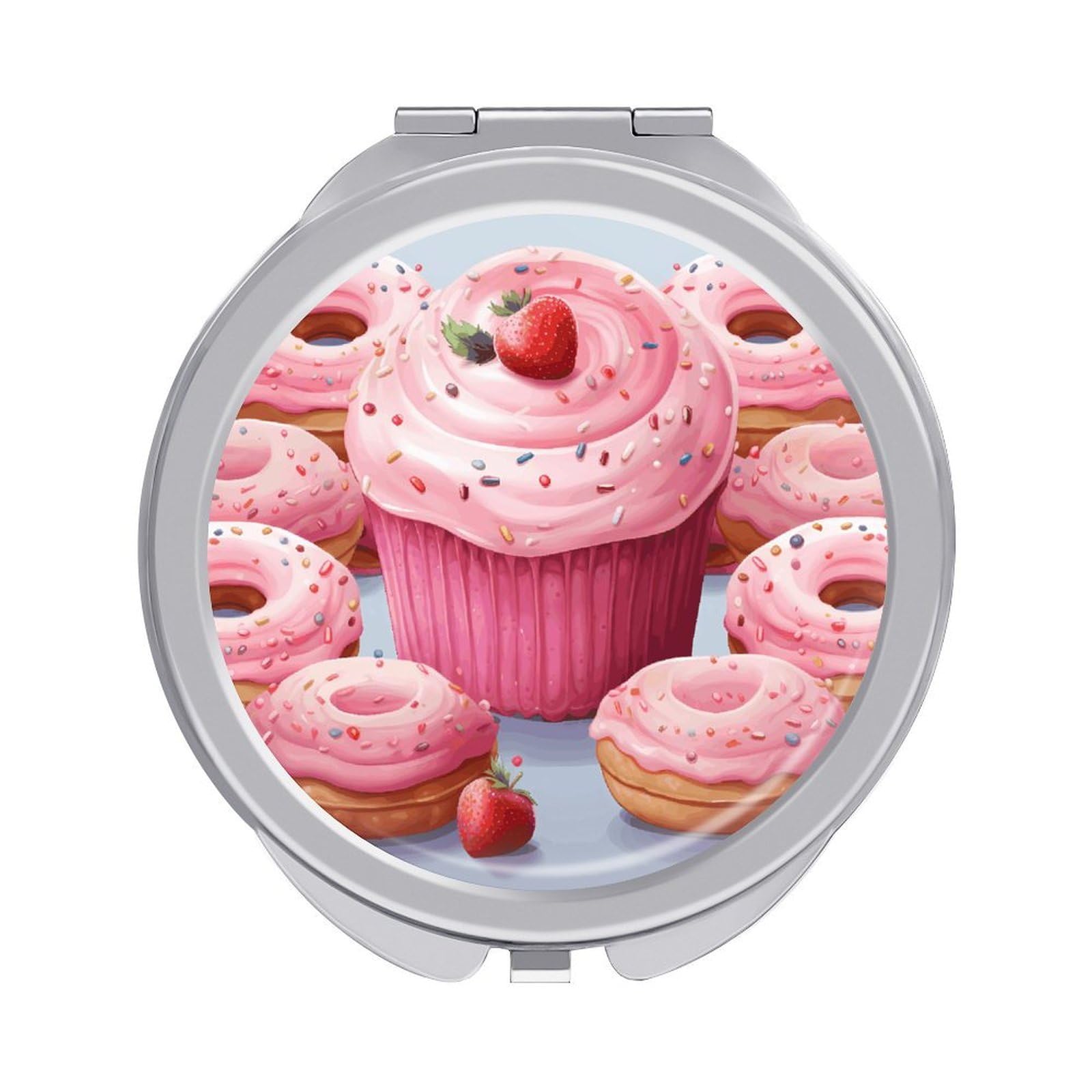 LZQPOEAS Pink Donut and Cupcake Compact Mirror, Double-Sided Folding Makeup Mirror, Durable Metal Travel Pocket Mirror for Purse, Portable Round Touch-Up Mirror for Table Gifts and Everyday Use