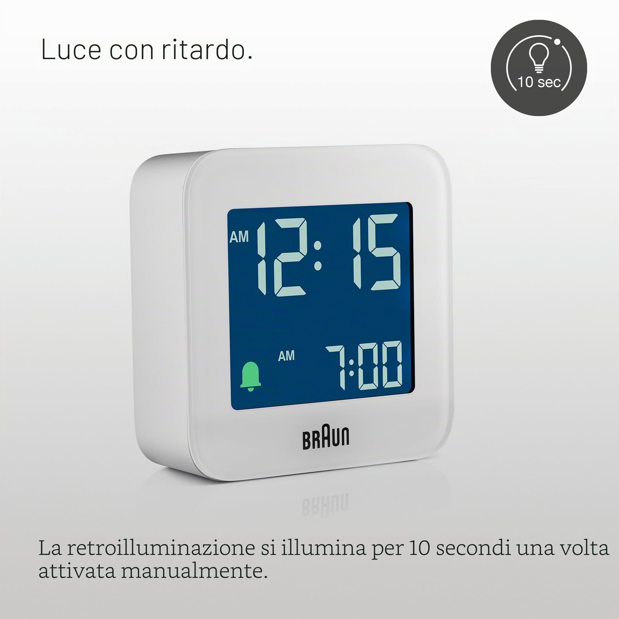 Braun Orologio Sveglia da Viaggio Digitale Funzione Snooze, Dimensioni compatte, Display LCD Negativo, Funzione Quick Set, Suono Sveglia Beep con crescendo, in Bianco, modello BC08W.
