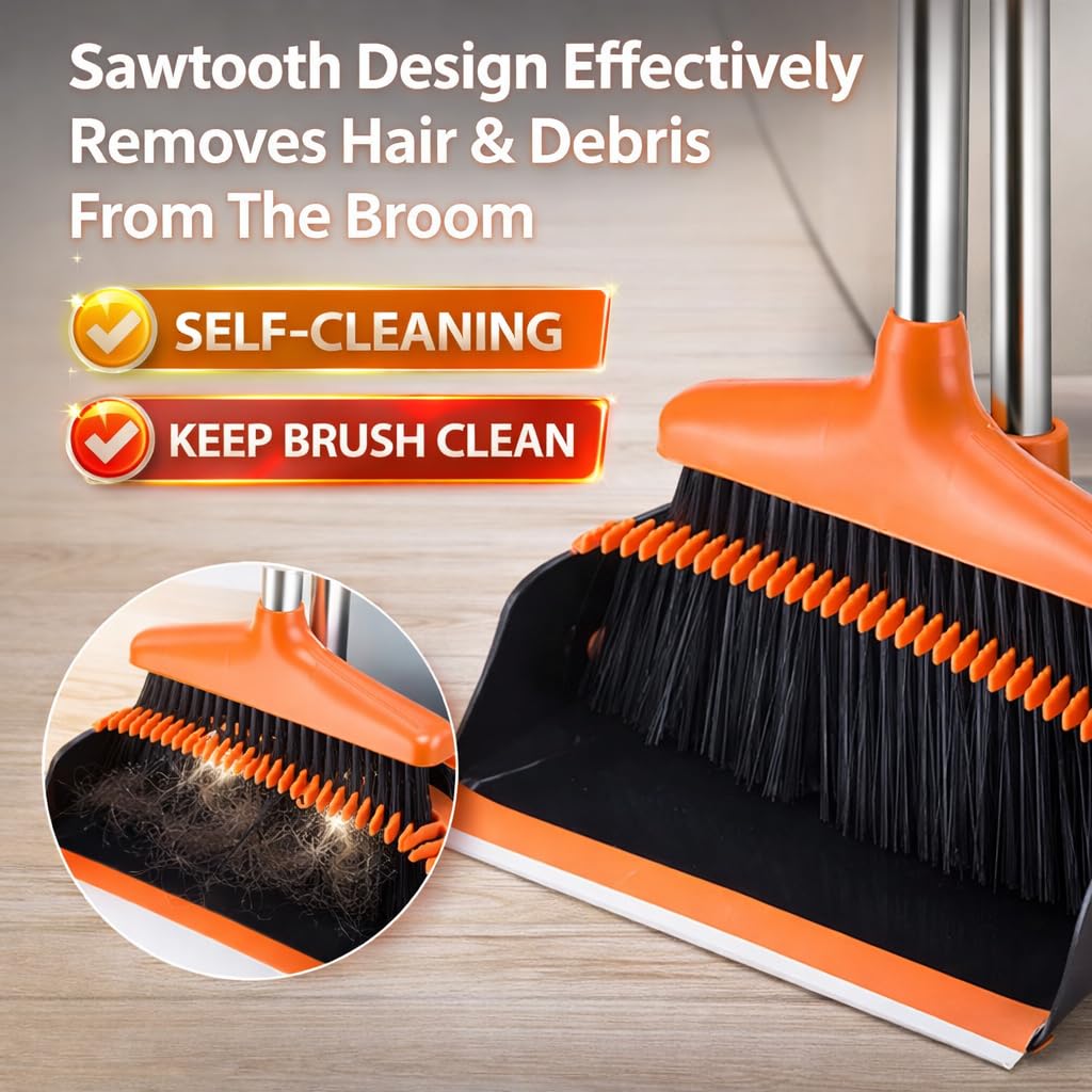 Broom and Dustpan Set with Long Handle, Upright Standing Self-Cleaning Combo, Windproof Dustpan with 6 Bonus Cleaning Tools for Pet Hair, Home, Kitchen, Garage & Apartment 2
