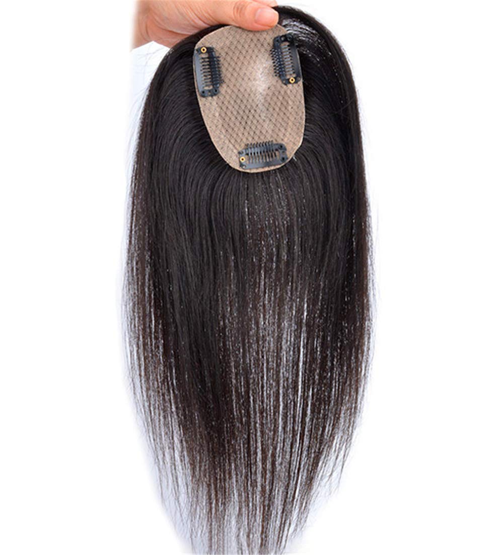 Natural Hairline Real Human Hair Toppers with Clips, 3"x4" Silk Base Top Forehead Topper Hairpieces for Thinning Hair, 8" Dark Brown