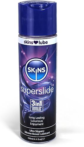 Skins Skins Super Slide 3 en 1 Premium - Lubricante a base de silicona segura de látex de larga duración con tecnología Reaquav8 4.4 onzas líquidas