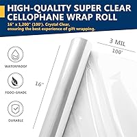 Vista 2 de PerkHomy - Rollo de celofán transparente de 16 pulgadas x 100 pies, 3 mil de grosor de celofán para canasta de regalo, golosinas, envoltura