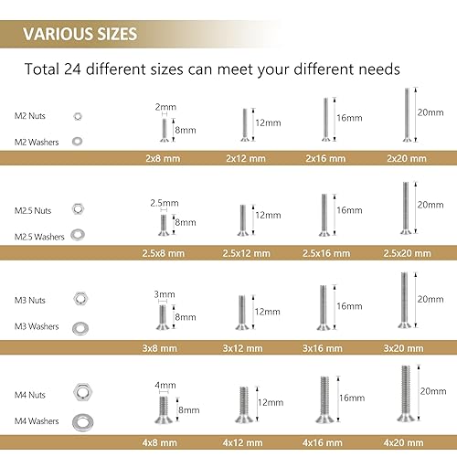Miniatura 4 de Kindroufly 1285 piezas M2 M2.5 M3 M4 Phillips cabeza avellanada tornillos de máquina tuercas arandelas kit surtido de acero inoxidable 304, rosca
