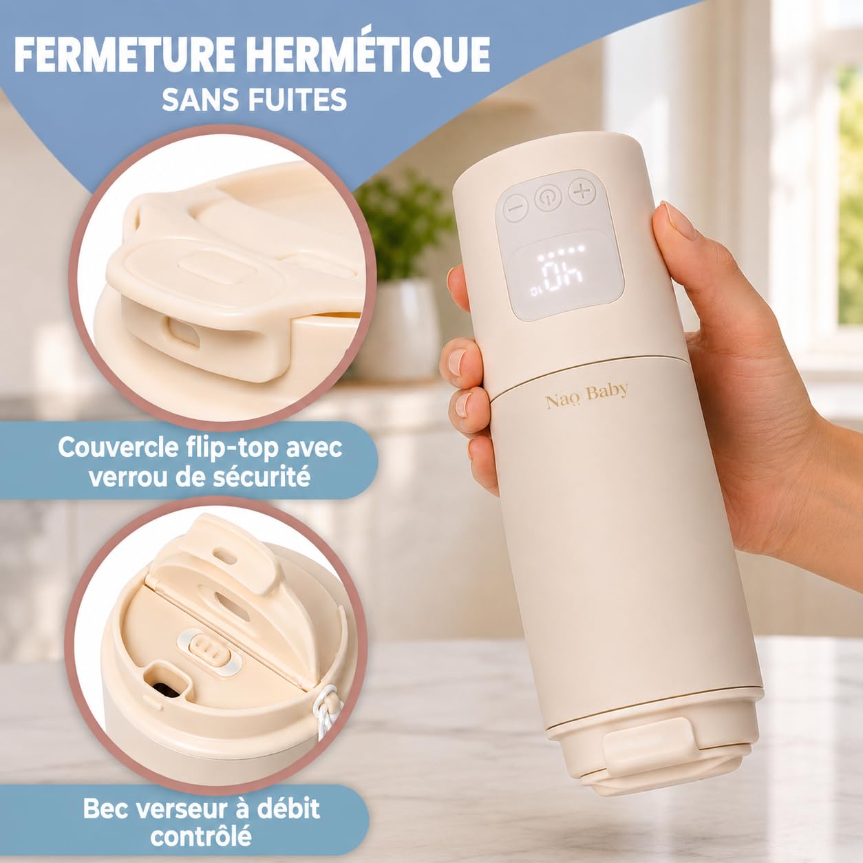 Chauffe Biberon Nomade 2 en 1 avec Fonction Stérilisation Biberon – Chauffe Biberon Portable Sans Fil, Charge Rapide, Batterie 10400 mAh, Contrôle Précis de la Température, Anti-Fuite
