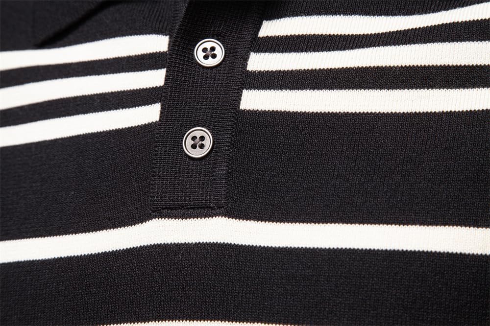 Men's Striped Polo Knit Sweater, Long Sleeve, Viscose Polyester Blend, Business Casual Style, High Elasticity