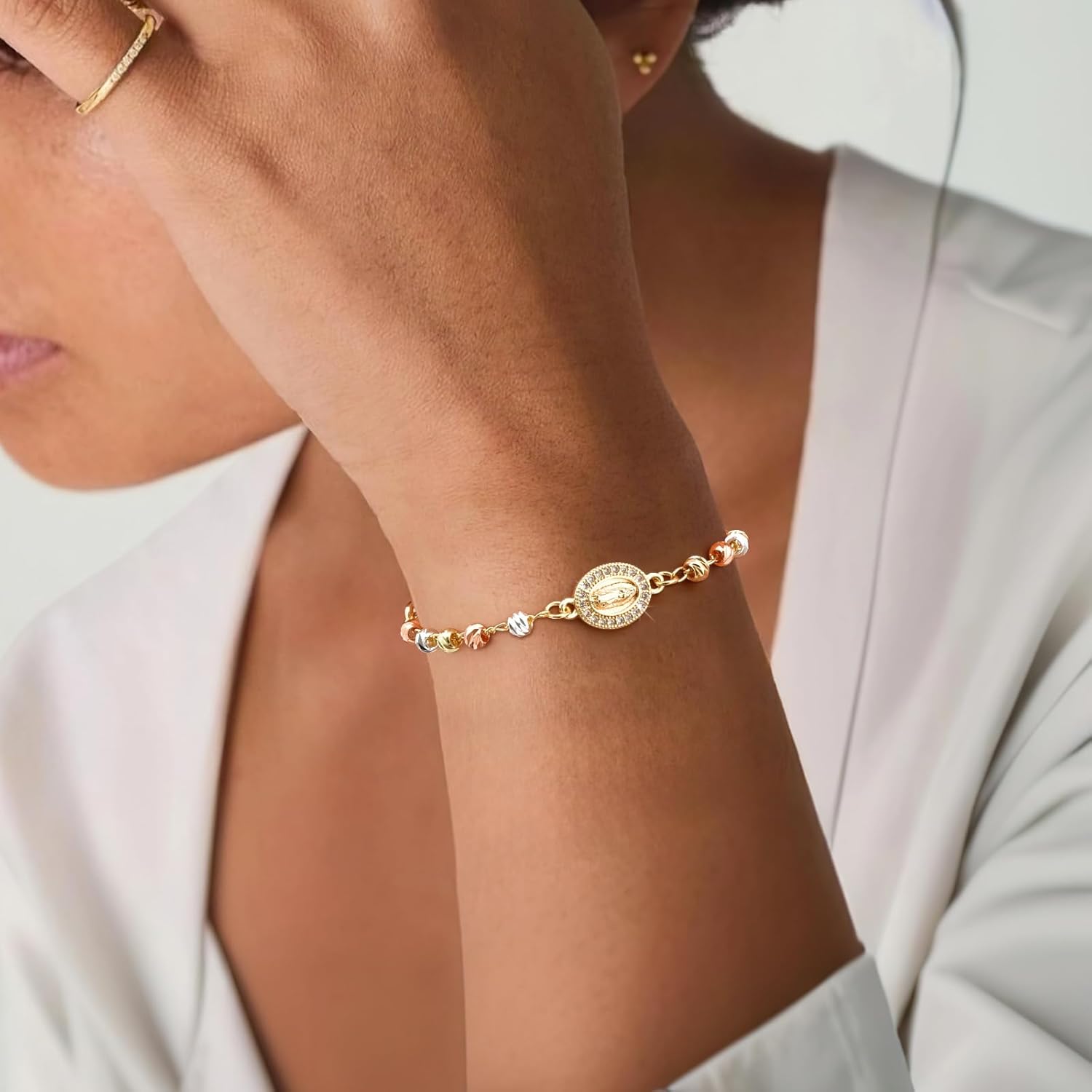 Gold Rosary Bead Cross Bracelet - 14k Gold Plated Virgin Mary Bracelets,Non Tarnish Golden Religious Rosarios Catolicos Virgen de Guadalupe Jewelry,Catholic Confirmation Baptism Gifts for Women - Image 2