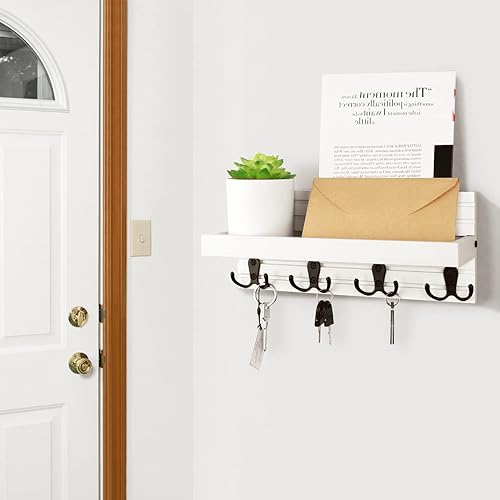Miniatura 6 de Soporte rústico para llaves y correo, soporte de madera para colgar llaves con 4 ganchos dobles, organizador de pared para entrada