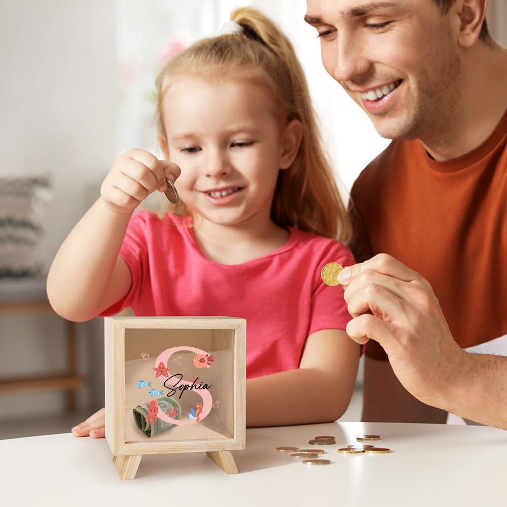 BYFDIY Personalized Initial Letter Piggy Bank for Kids Wooden Cute Whale Sea Turtle Pufferfish Ocean Money Box Coin Bank for Boy Girls Christmas Birthday Gifts