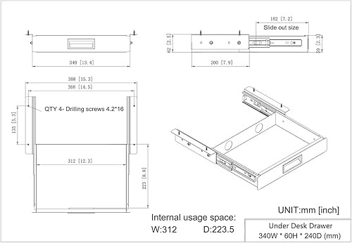 Miniatura 4 de Cajón deslizante de 13 pulgadas de ancho para debajo del escritorio, organizador de almacenamiento extraíble con asa en la oficina o el hogar para