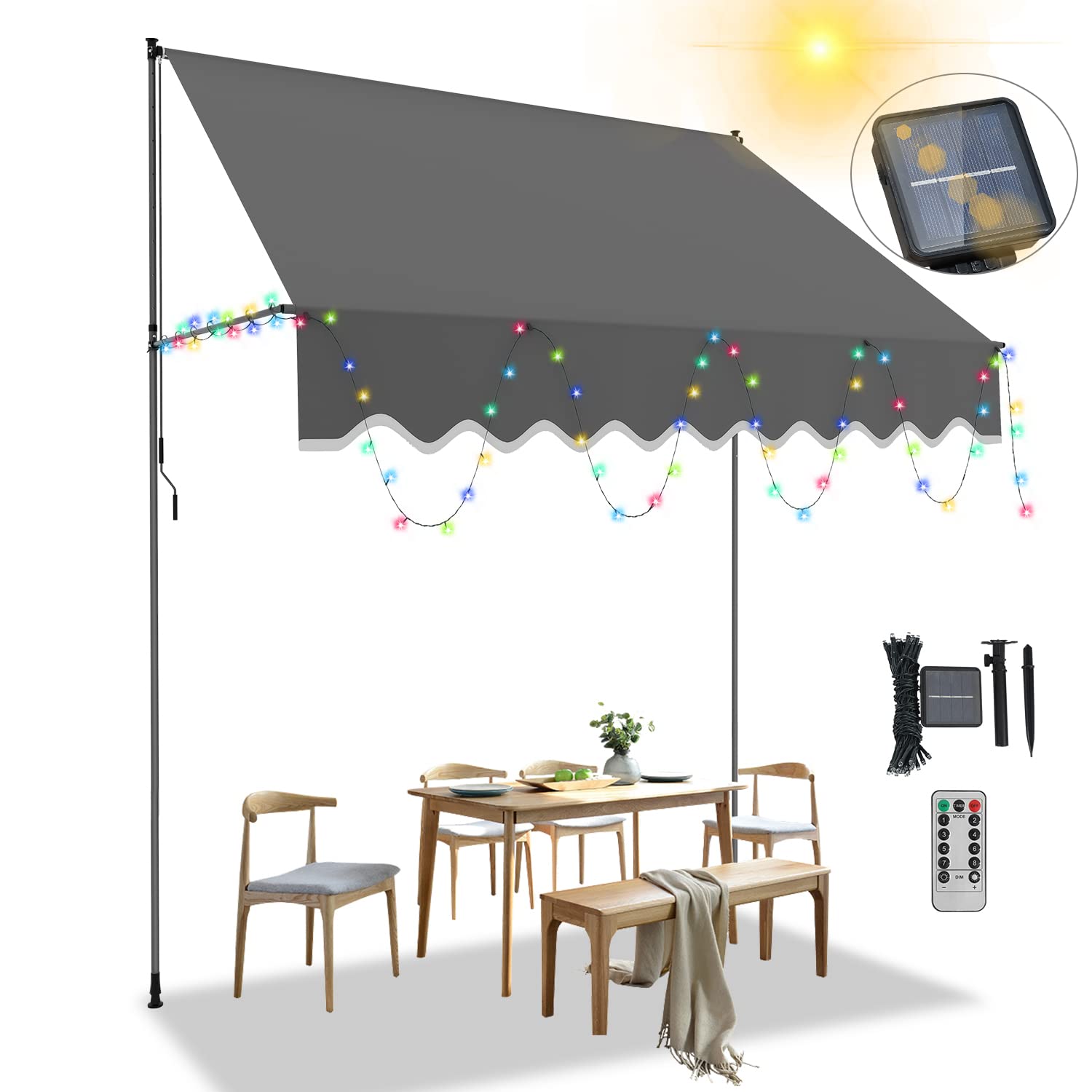 250 x 120 x 200-300 cm banne avec manivelle Gris avec Lumineuse Solaire, Store pour Balcon sans Trous à percer, résistant aux UV, réglable en Hauteur, Hydrofuge, protège du Soleil