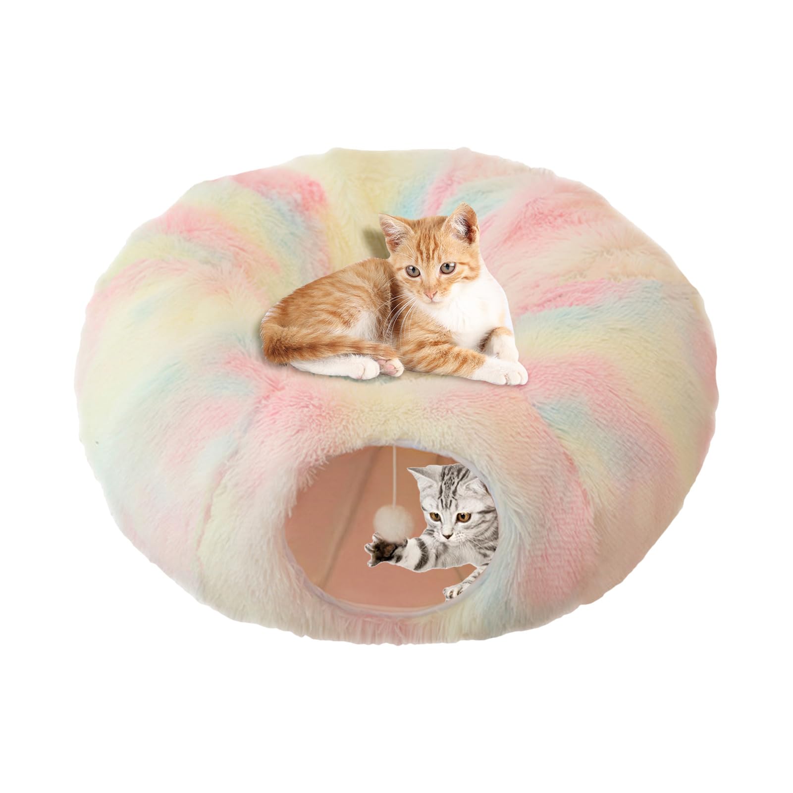 awakentti Tunnel en forme de beignet pour chat avec jouet en peluche, lit rond pliable pour chat, résistant aux rayures, jouet tunnel pour chiot, furet, chaton, lapin