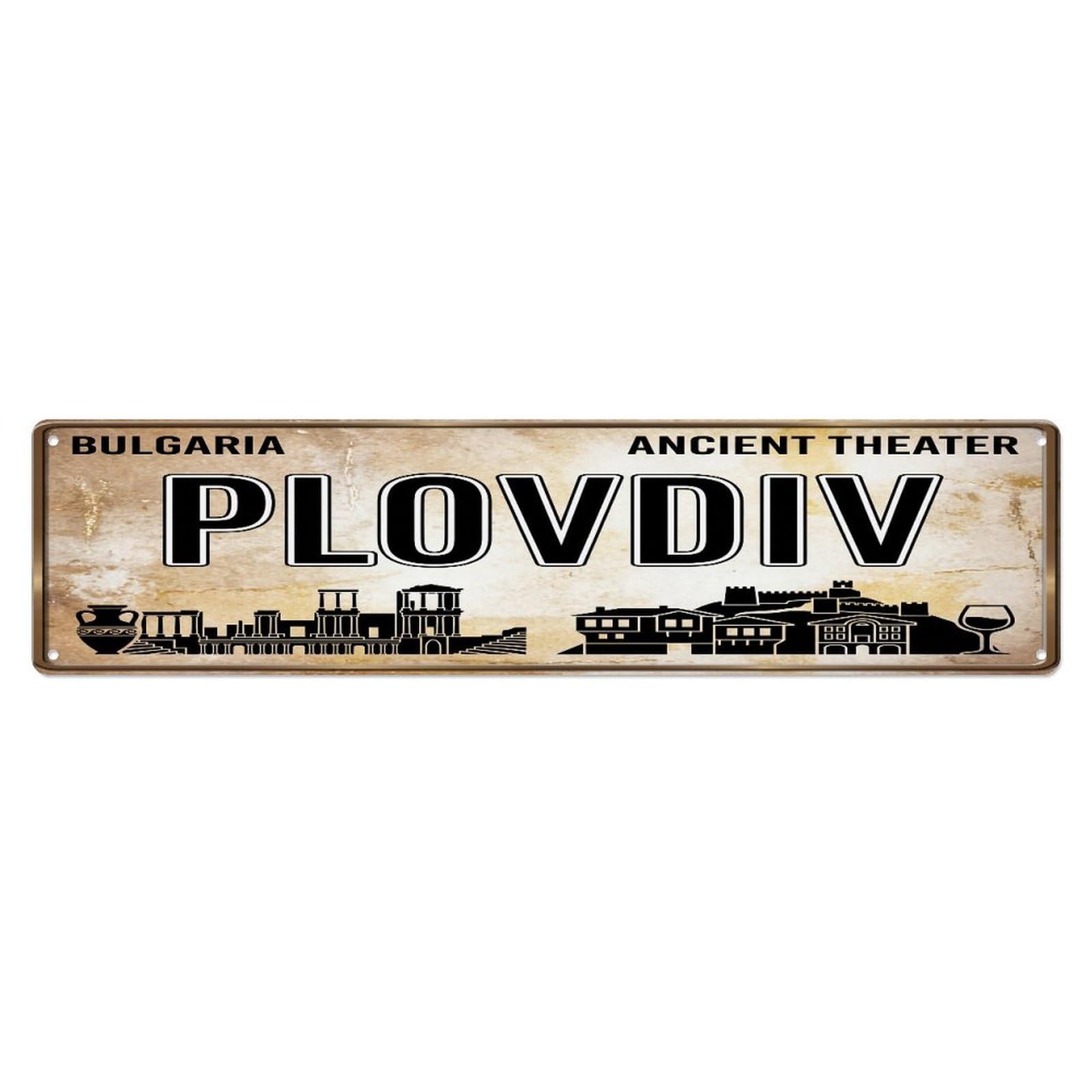 Metal Tin Sign Vintage Travel Plovdiv Bulgaria Theater Ruins