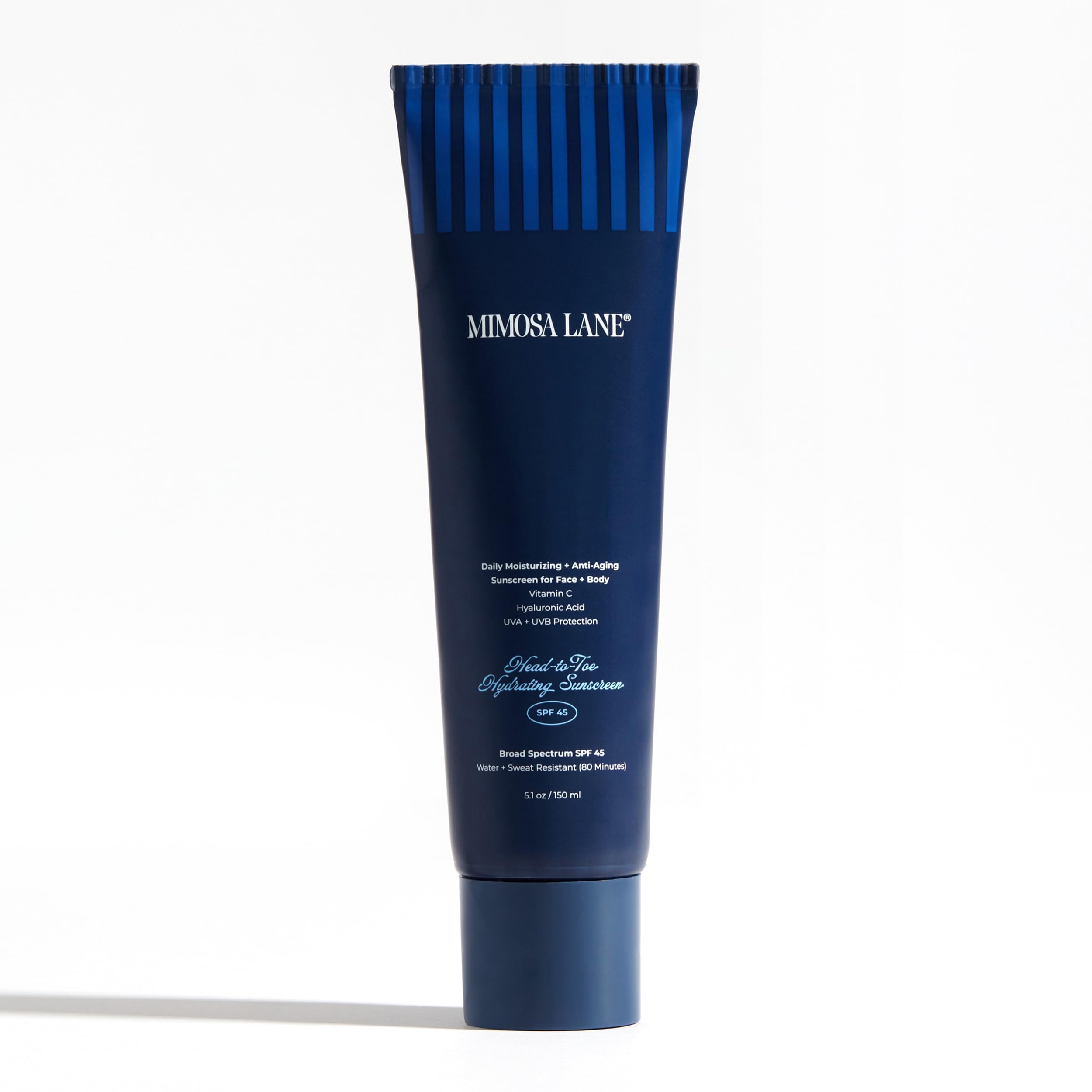 Mimosa Lane Head-to-Toe Hydrating Sunscreen for Face and Body, Broad Spectrum SPF 45, Daily Moisturizer with Anti-Aging Hyaluronic Acid and Vitamin C, Water Resistant, Fragrance-Free, Vegan, 5.1 oz