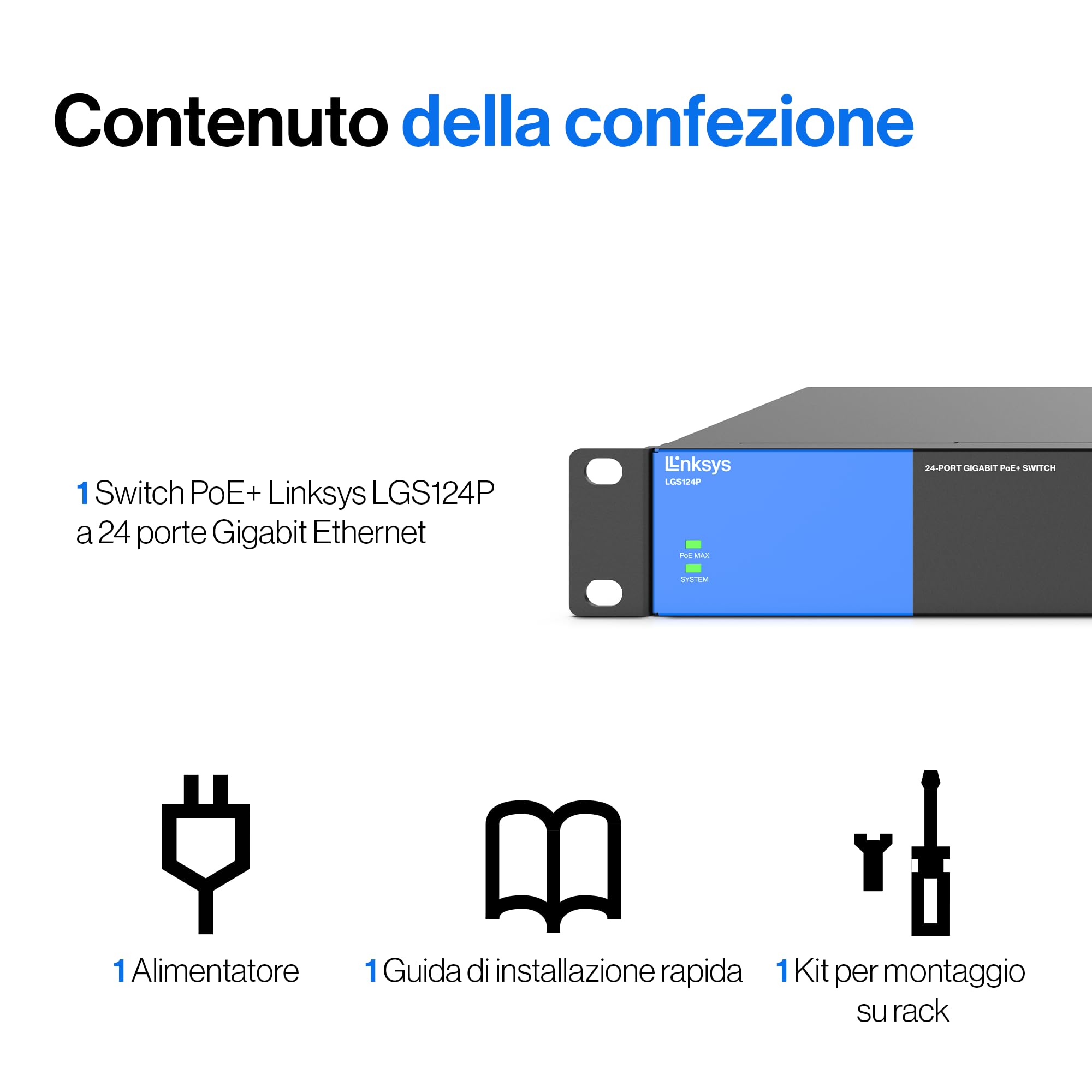 Linksys LGS124P-EU Switch di rete Gigabit PoE non gestito a 24 porte, 120 W tramite 12 porte PoE+, per aziende, uffici, sorveglianza IP, sdoppiatore Ethernet con chassis in metallo