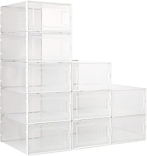FEMOR Schuhkarton, 10er-Set, Weißer Rahmen, Transparente Aufbewahrungsbox aus Kunststoff, Stapelbar, Leicht zu montieren