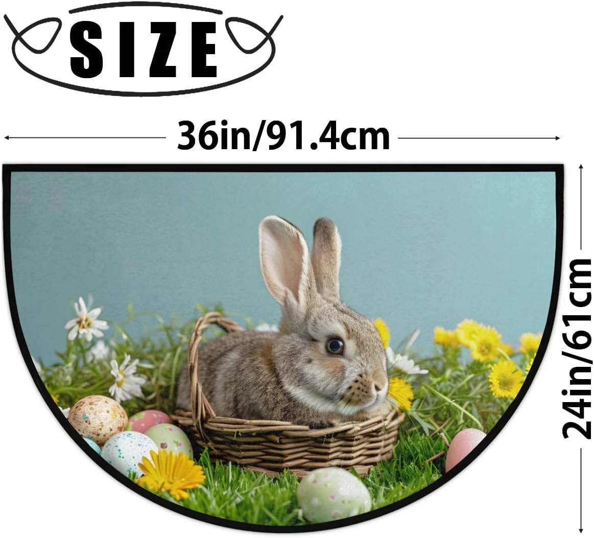cfpolar Half Round Door Mat Eggs Bunny Flower Non-Slip Semi Circle Area Rug Washable Semi Circle Floor Rug for Indoor Outdoor Living Room Bathroom Kitchen Patio Hearth Rugs Home Decoration