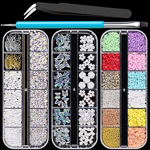 Mixed 3D Nail Art Gem Decoration Accessories Kit #1, Aurora Bear Bow Butterfly Starry AB Rhinestone Charm Jewelry for Deco, Pearl Flower Caviar Bead Stone Crystal with Dual-End Brush and Tweezer Cover
