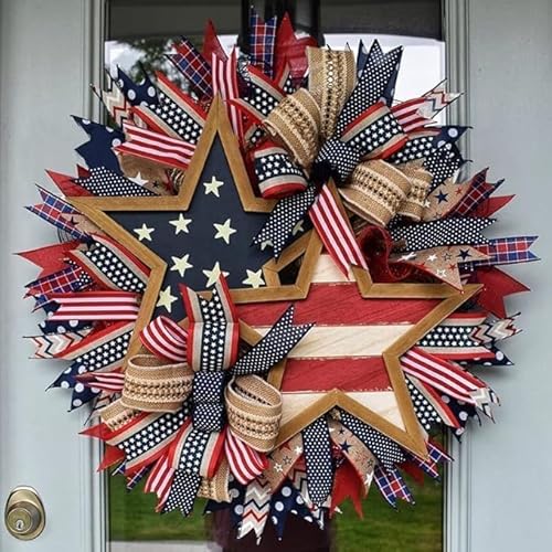2026 Patriotic Wreaths for Front Door, 250th Anniversary Decorations, 4th of July Decorations Outdoor, Handcrafted Memorial Day Wreaths, Festival Celebration USA Flag Printed Wreath (A)
