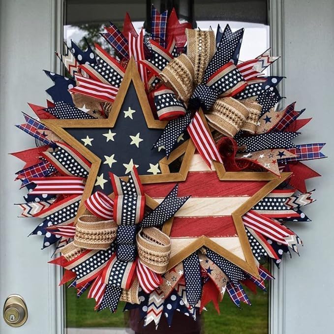 Patriotic Wreaths for Front Door, 250th Anniversary Decorations, 4th of July Decorations Outdoor, Handcrafted Memorial Day Wreaths, Festival Celebration USA Flag Printed Wreath (C)