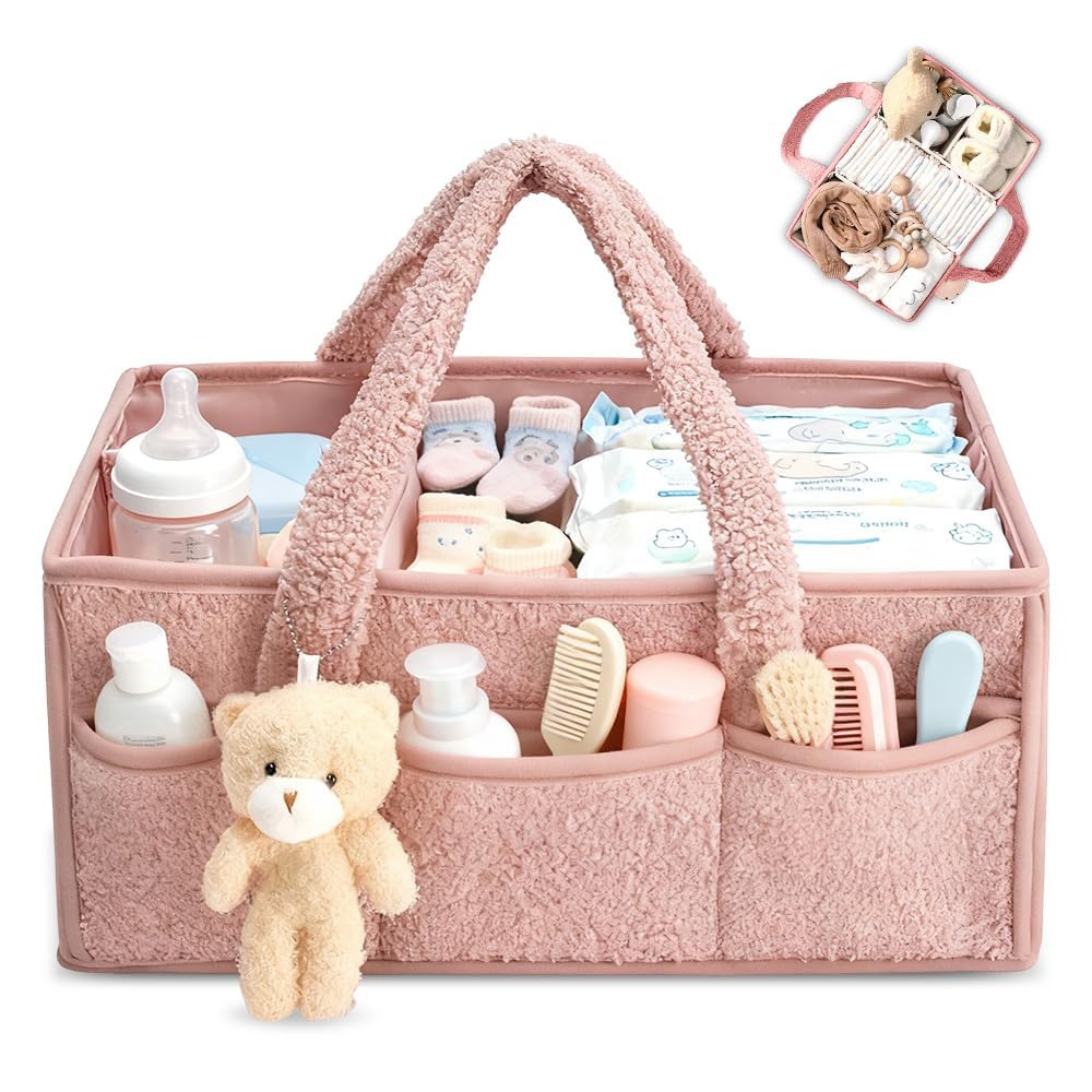 Nappy Caddy Organiser, Newborn Essentials Diaper Caddy, Washable Felt Nursery Storage Baskets with Detachable Compartments, baby shower gifts for New Mum (Pink)