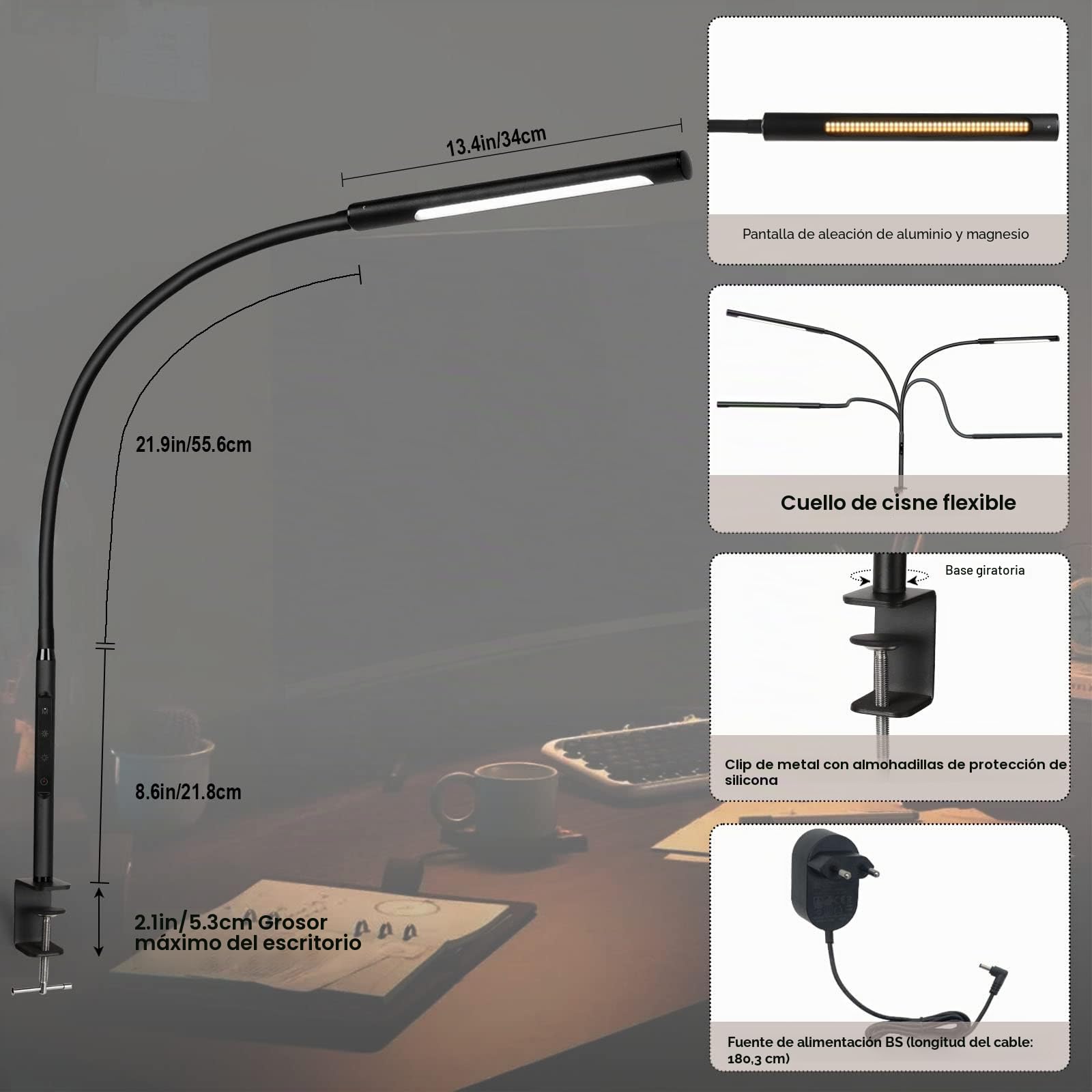 EYOCEAN Lámpara de escritorio LED, cuello de cisne flexible Lámpara de escritorio con pinza, brillo y temperatura de color ajustables, control táctil, lámpara de mesa con mando a distancia, 12W