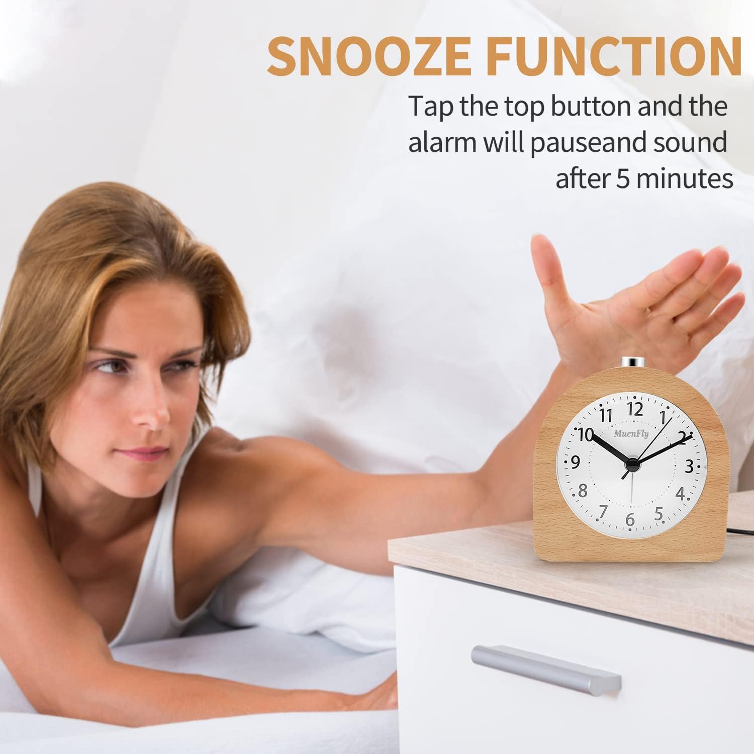 BIGFOX Réveil Matin Bois,Reveil a Piles,Réveil Analogique Silencieux sans Tic Tac avec Fonction Snooze Lumière, Horloge Bois à Aiguilles Alarme Sonore Croissante pour Famille/Bureau/Voyage