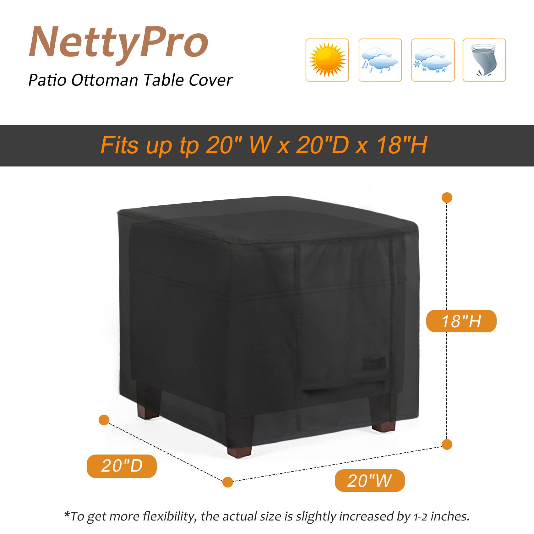 NettyPro Ottomana pokrowiec na patio na zewnątrz, kwadratowy pokrowiec wodoodporny, 50 cm dł. x 50 cm szer. x 45 cm wys. czarny