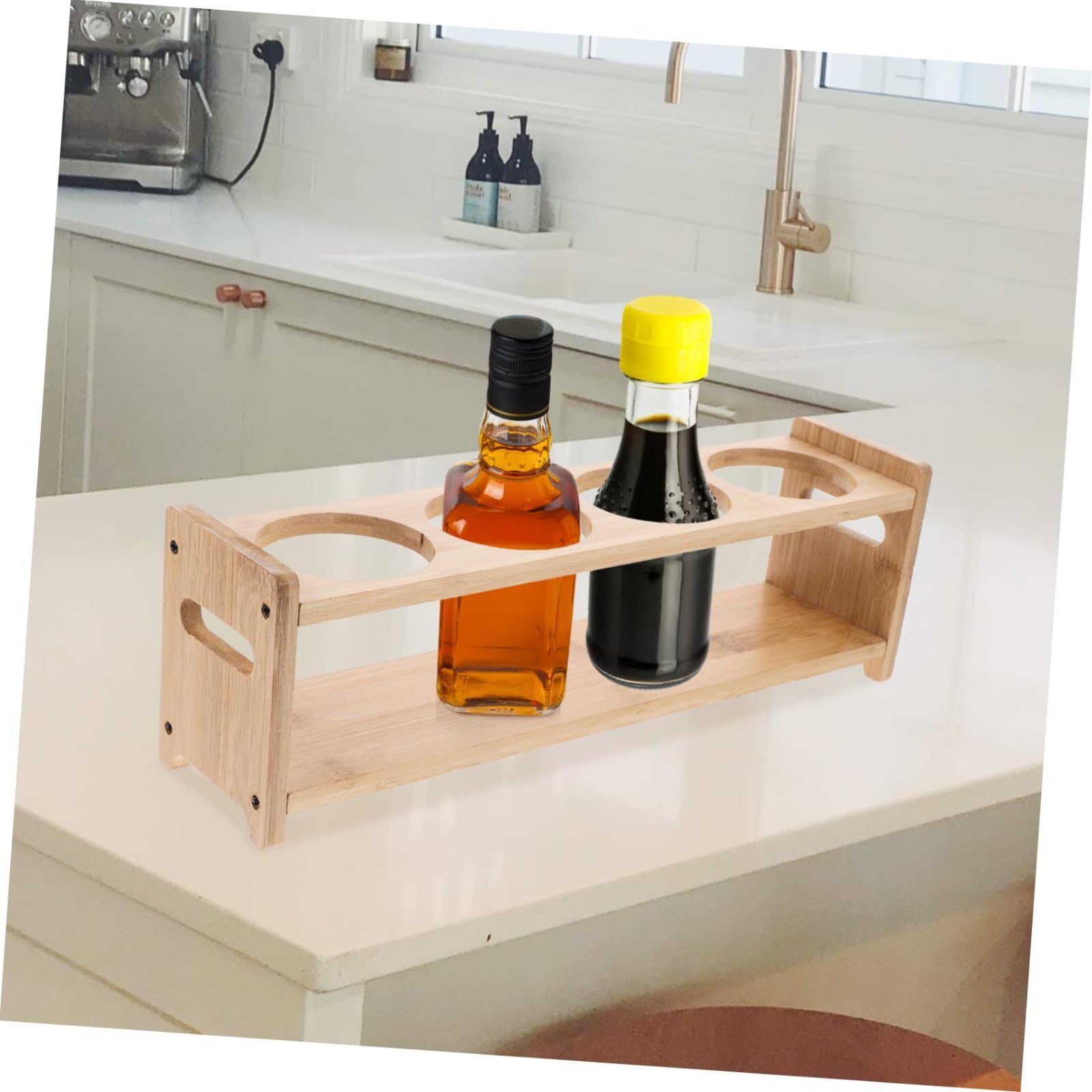 Gewürzregal-Organizer aus Holz, Gewürzregal aus Holz, Gewürzregal, Küchenschrank-Organizer, Gewürzflaschenhalter für die Küche zu Hause,Khaki,Round Hole