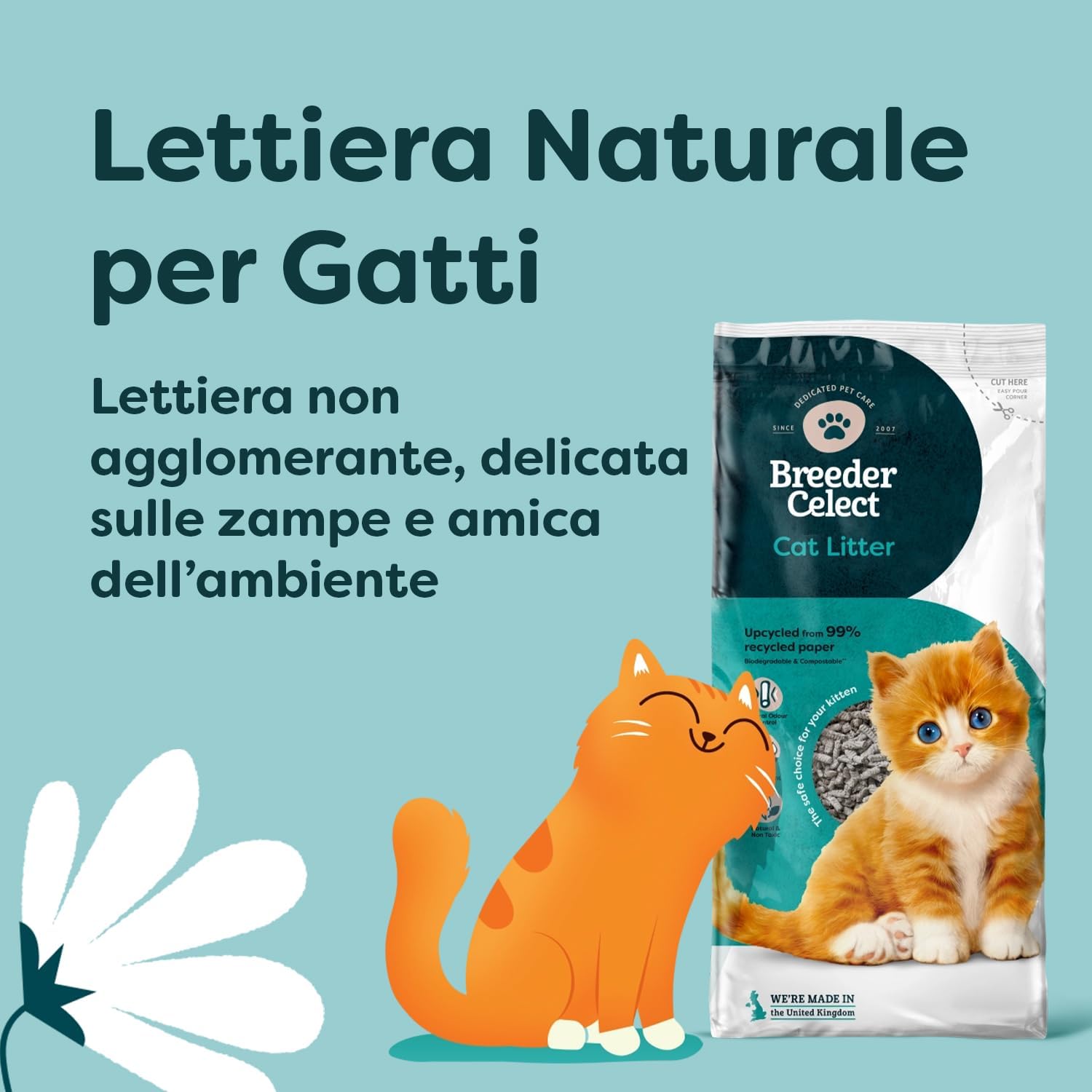 Breeder Celect Lettiera Naturale per Gatti (10L) – 99% Carta Riciclata, Altamente Assorbente, Letto per Gattini, Eccellente Controllo degli Odori, Non Agglomerante, Biodegradabile e Compostabile