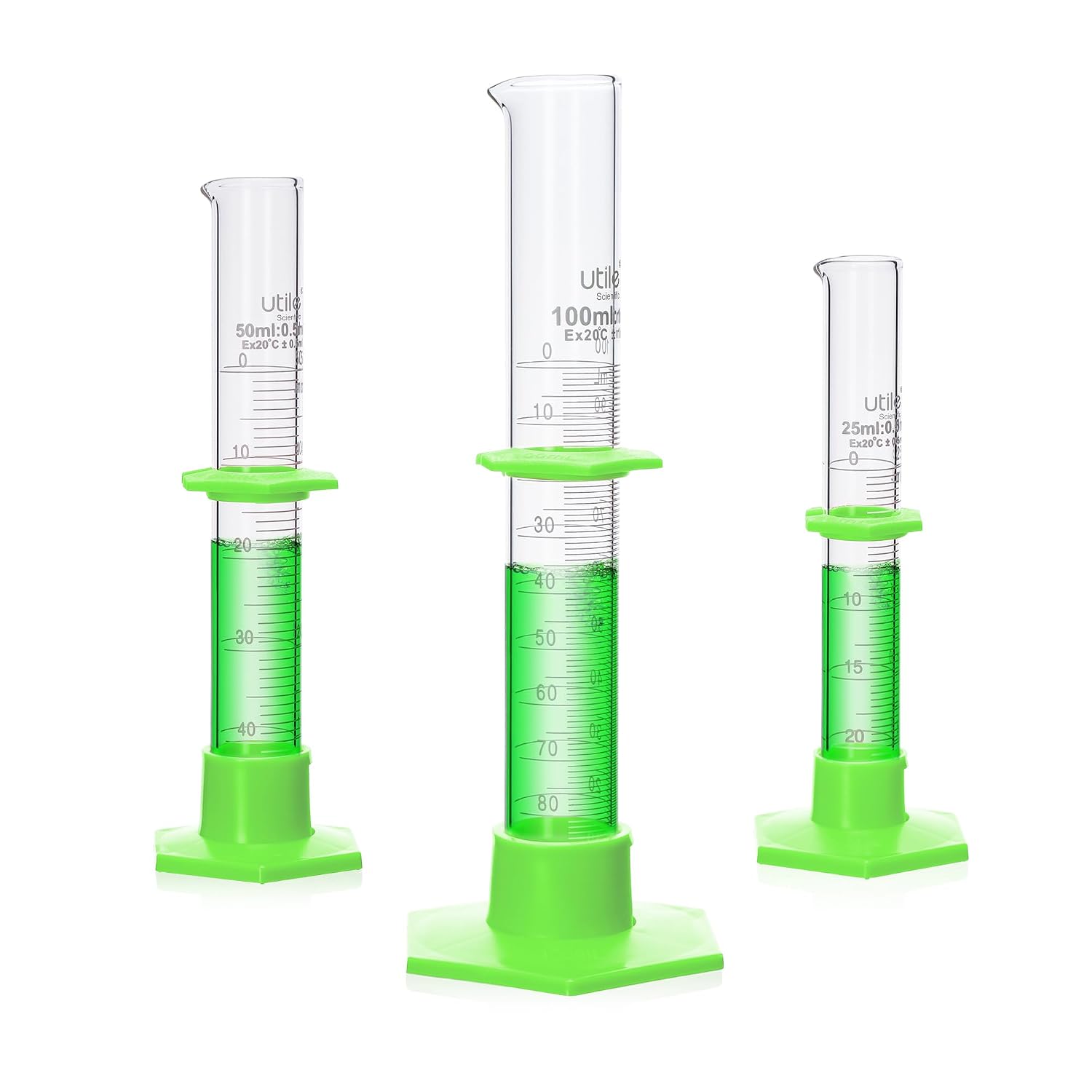 3PCS Glass Graduated Cylinder Set 25ml 50ml 100ml, 3.3 Borosilicate Glass Cylinder with Plastic hex Base,Lab Cylinders Glass Measuring Cylinder,4099.0120.1