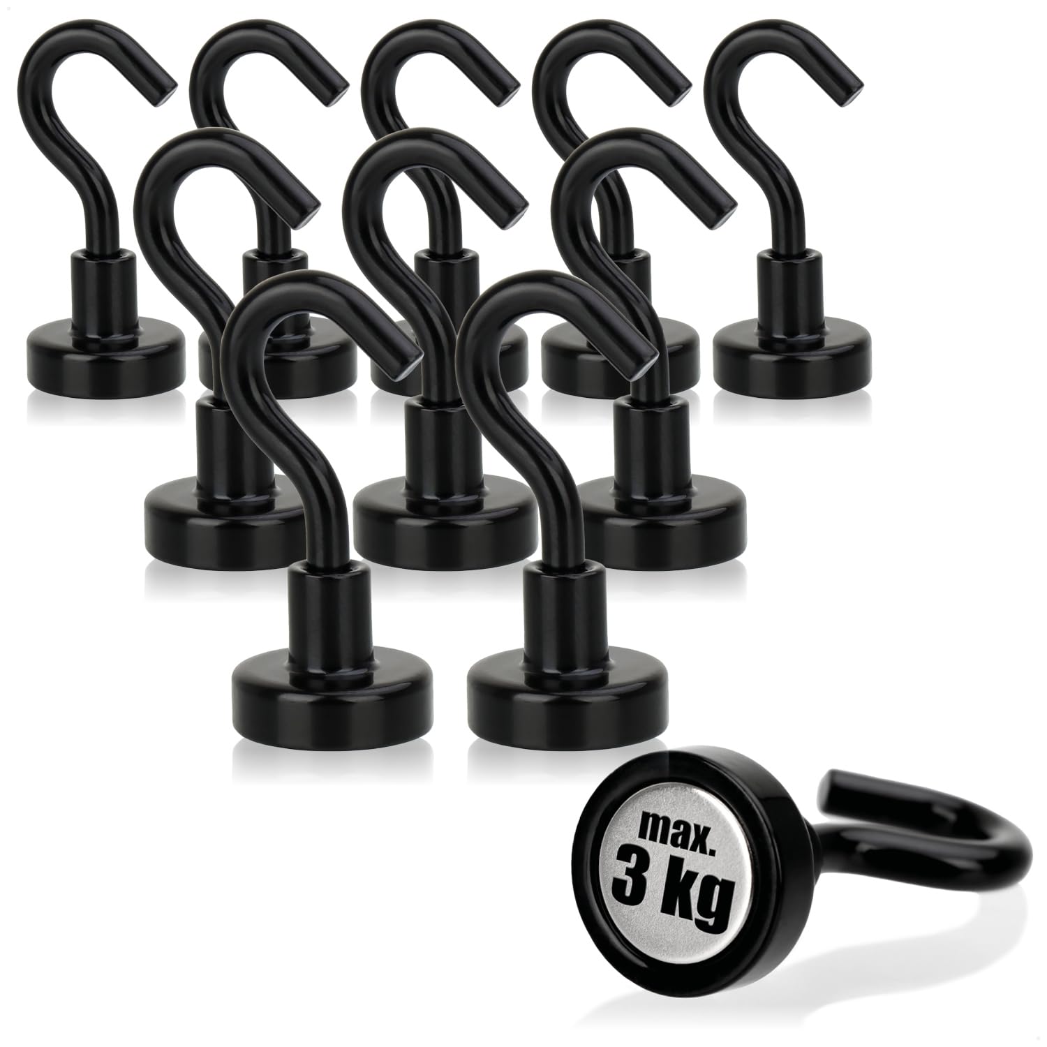 com-four® 10x Neodym Magnethaken 3 kg - starker Werkstatt-Magnet mit Haken 38 x 15 mm - für Küche, Badezimmer, Garage oder Büro - Kleiderhaken mit Neodym-Magnet