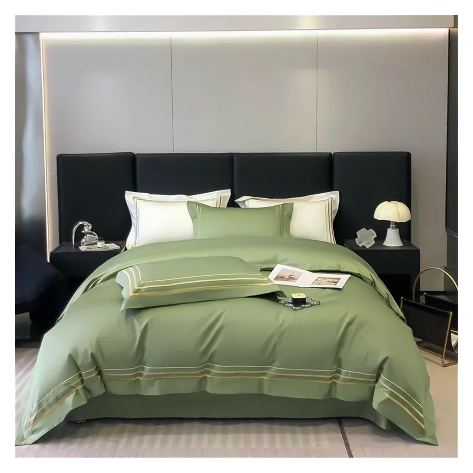 ZXGRfdefa Bedding Set, 100% Egyptian Cotton Bedding Cover Sets,Lines European Embroidery 600TC Duvet Set Queen King Size Bedlinens(Green,Queen)
