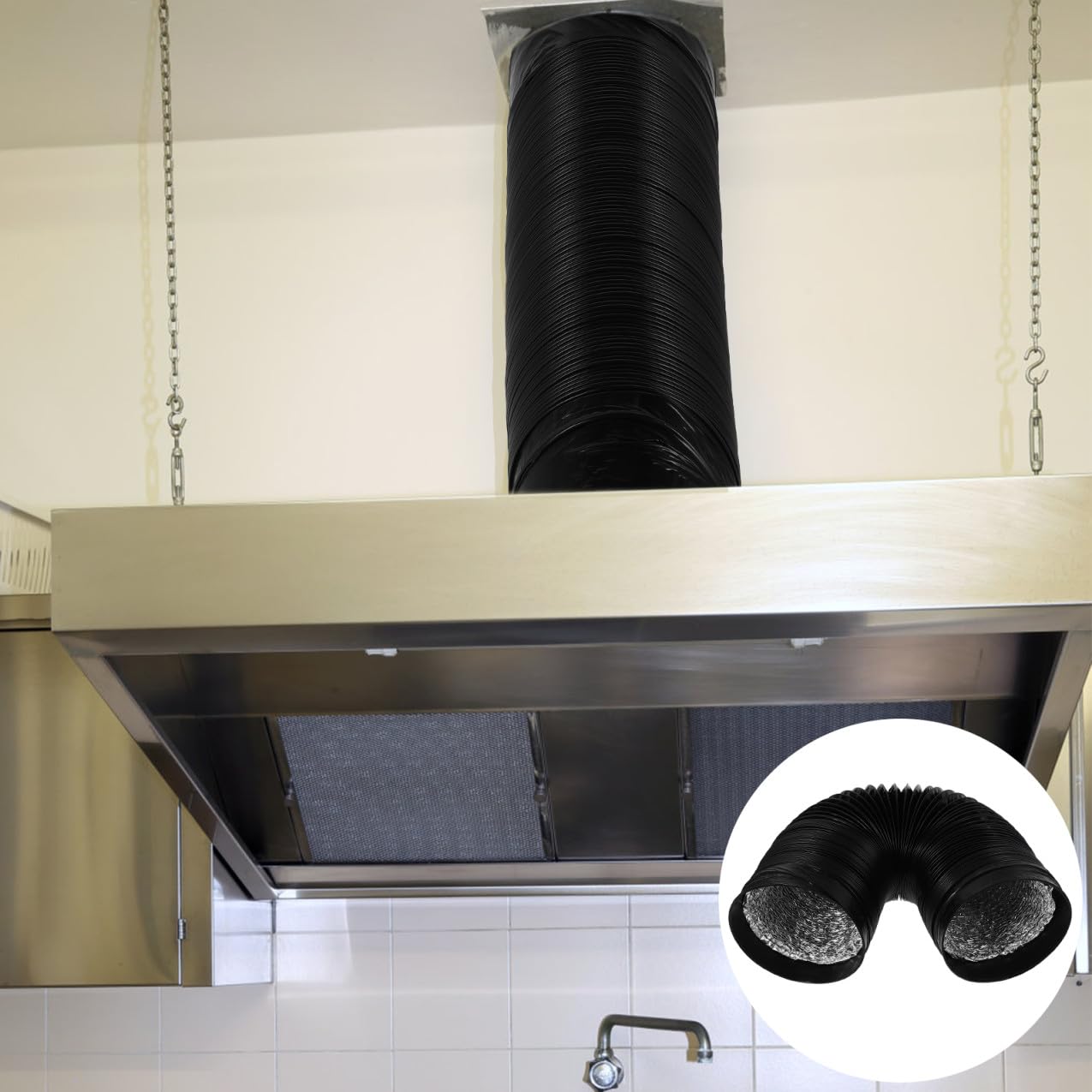 Tubo Flessibile Condotto Aria in Pvc Nero, Estensibile | Ventilazione e Cappa di Aspirazione, Retrattile e Facile da Installare, Uso Casa e Ufficio