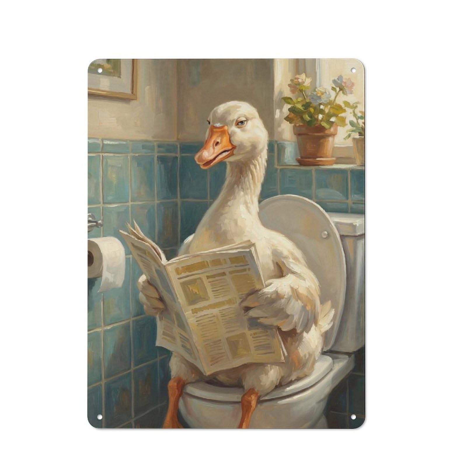 Junmoney Style-4 Garage Style Metal Wall Sign 40X30cm Featuring Goose Reading Newspaper On Toilet, Garage Wall Decor For Garage, Hobby Room, Office Or Man Cave