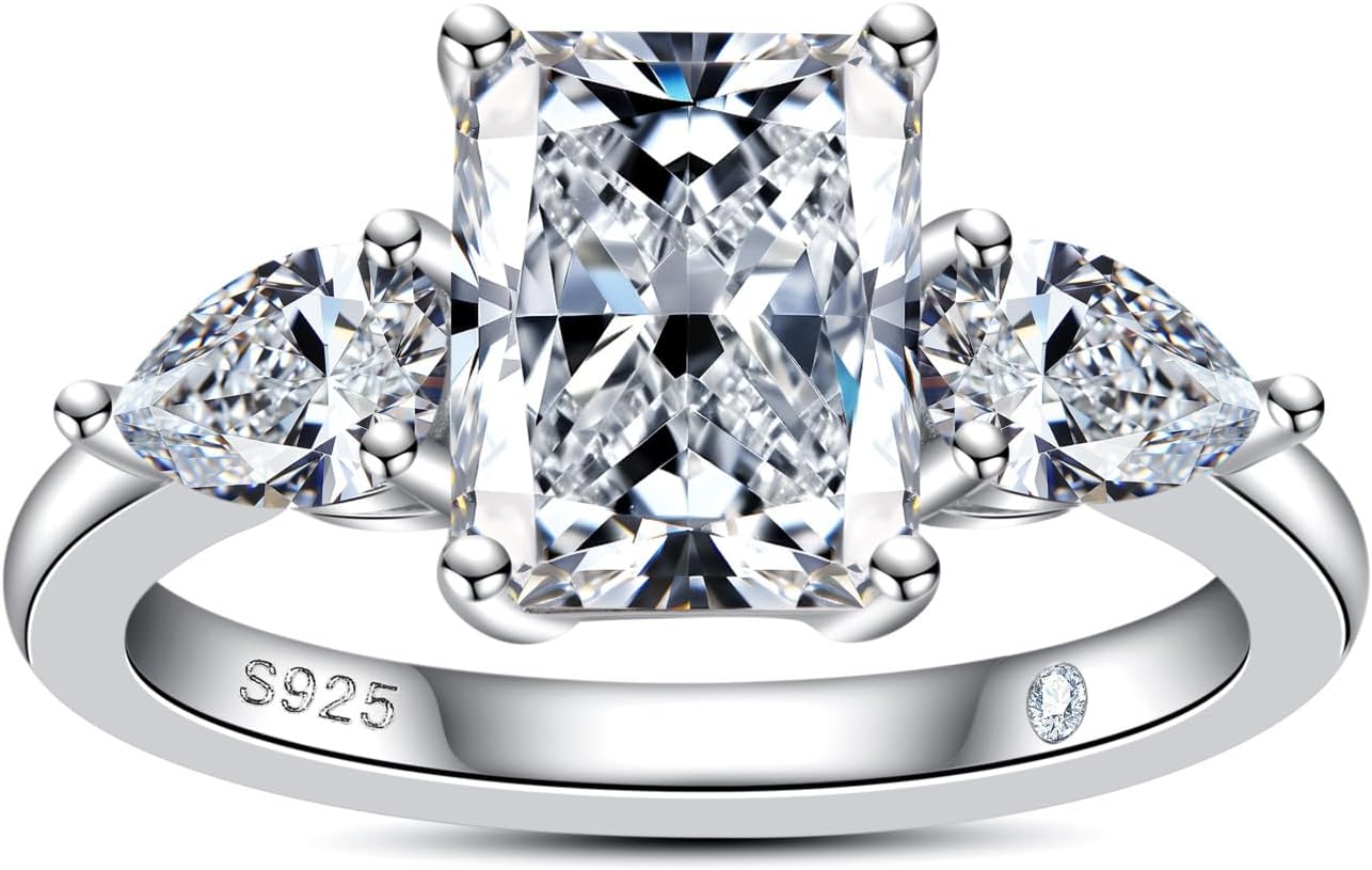 AnuClub Emerald/Radiant Cut Moissanite Engagement Rings 3CT Center Stone D Color VVS1 925 Sterling Silver Pear Cut Side Stone Wedding Promise Anniversary Ring for Women With Certificate