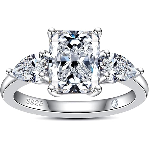 AnuClub Emerald/Radiant Cut Moissanite Engagement Rings 3CT Center Stone D Color VVS1 925 Sterling Silver Pear Cut Side Stone Wedding Promise Anniversary Ring for Women With Certificate