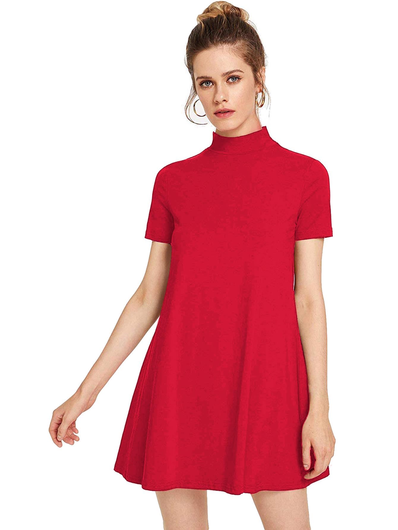 Milumia Women's Mock Neck T Shirt Dress Casual Short Sleeve Loose A Line Swing Mini Dress