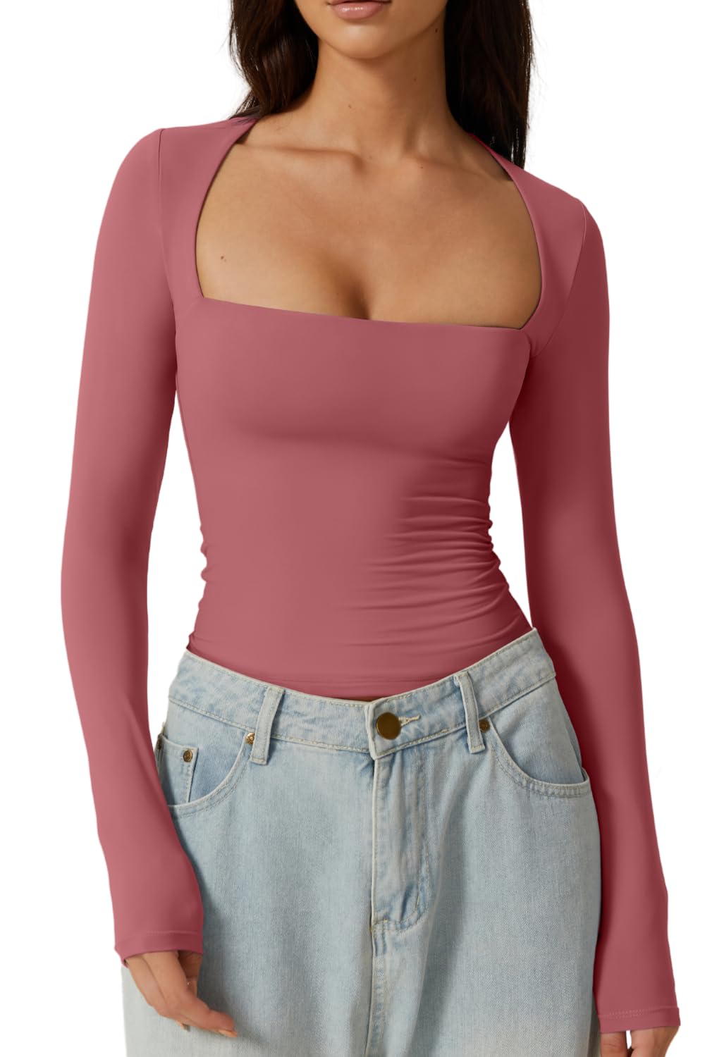 Women's Sexy Square Neck Long Sleeve Double Lined Tight Night Out Shirt-image-30