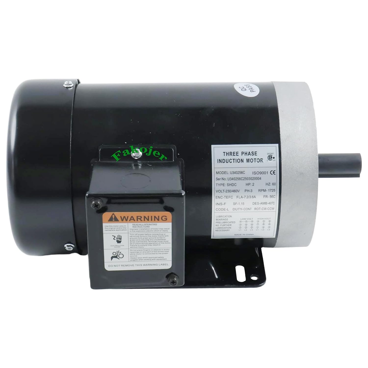 2HP 1750RPM Three Phase 60HZ General Purpose Electric Motor 56C TEFC 230/460V 5/8" Shaft Diameter 4 Pole