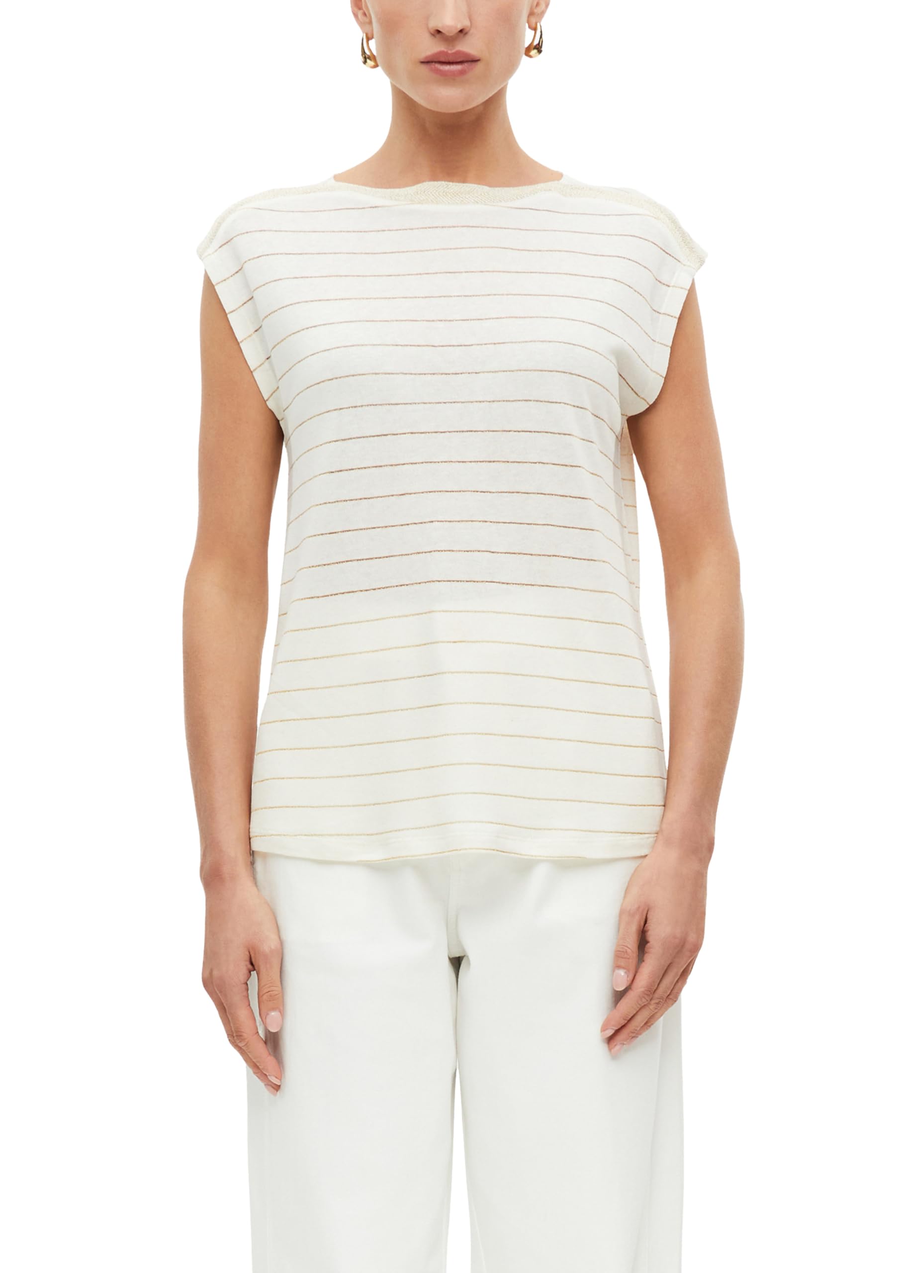 s.Oliver Women's 2177086 T-Shirt Linen Mix Striped (Pack of 1), White, 16