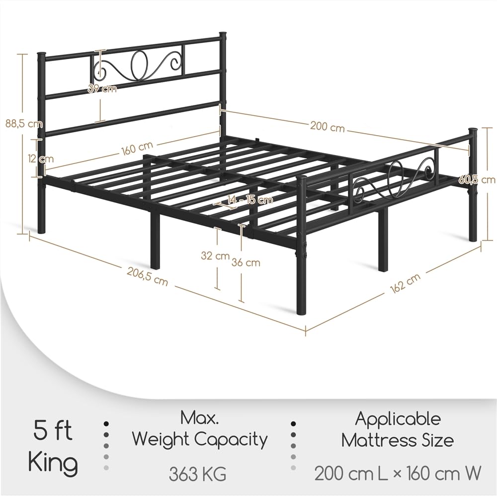 Yaheetech Struttura Letto Matrimoniale in Ferro Battuto a Doghe 160 x 200 cm Testiera Elegante in Metallo Stile Rustico Moderno Nero