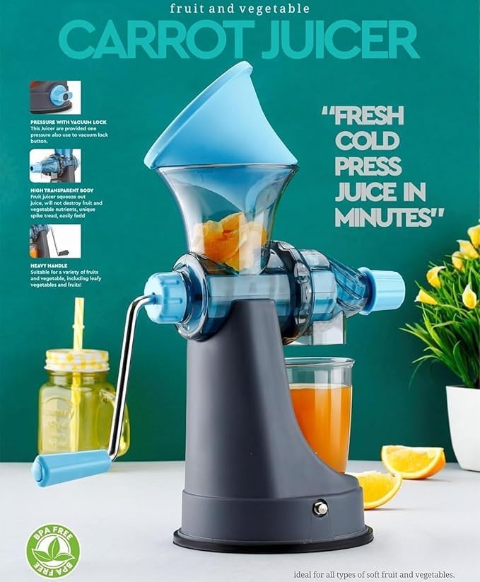 Image of Manual Pastic Hand Juicer for Fruits & Vegetables | Fresh Mosambi, Orange Citrus Fruits Juice Maker Machine For Home Kitchen | With Steel Handle Vacuum Locking System (Assoted color)