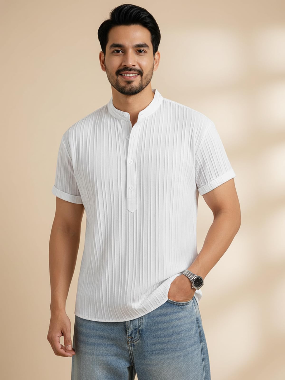 wizoon Men's Kurta | Black/White | Cotton | Half Sleeve | Comfortable Stripted | Button Down | Regular Classic Fit | Summer | Mandarin Chinese Collar | Casual | Formal Type | Kurta's for Man-picture-16