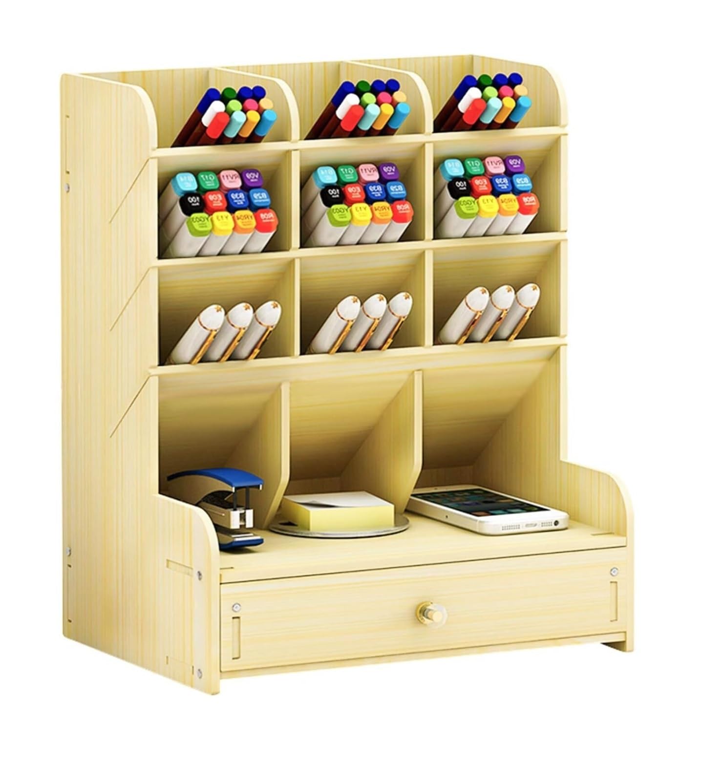 Organizzatore Scrivania Organizer da Scrivania in Legno con Cassetto Portapenne Multifunzionale Fai-da-Te per Ufficio(Natural,21 * 15 * 25.5cm)