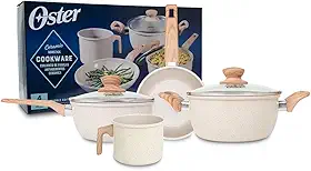 OSTER JOGO DE PANELAS E LEITEIRA MARBLE EDITION CREAM – 4 PEÇAS COM REVESTIMENTO CERÂMICO ANTIADERENTE, ALÇAS EM SILICONE ANTITÉRMICO E BASE COMPATÍVEL COM INDUÇÃO
