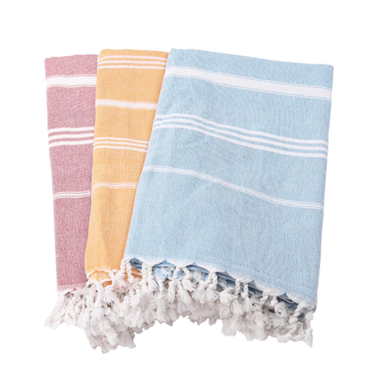WOONEKY Toallas Turcas de Playa con Flecos Absorbentes de Algodón Poliéster Secado Rápido Colores Rojo Azul Amarillo para Baño y Picnic